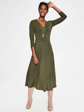 Boden Coraline Olive Green Polka Dot V-Neck Long Sleeve Dress, 6